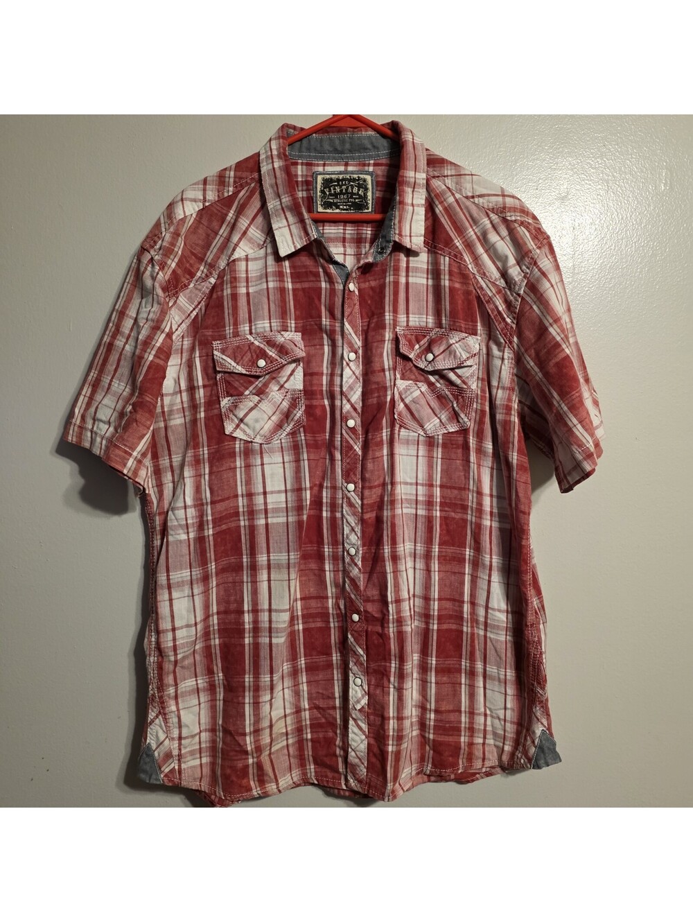 BKE VTG Men’s XXL Red Plaid Western Pearl Snap Shirt Long Sleeve Athletic Fit